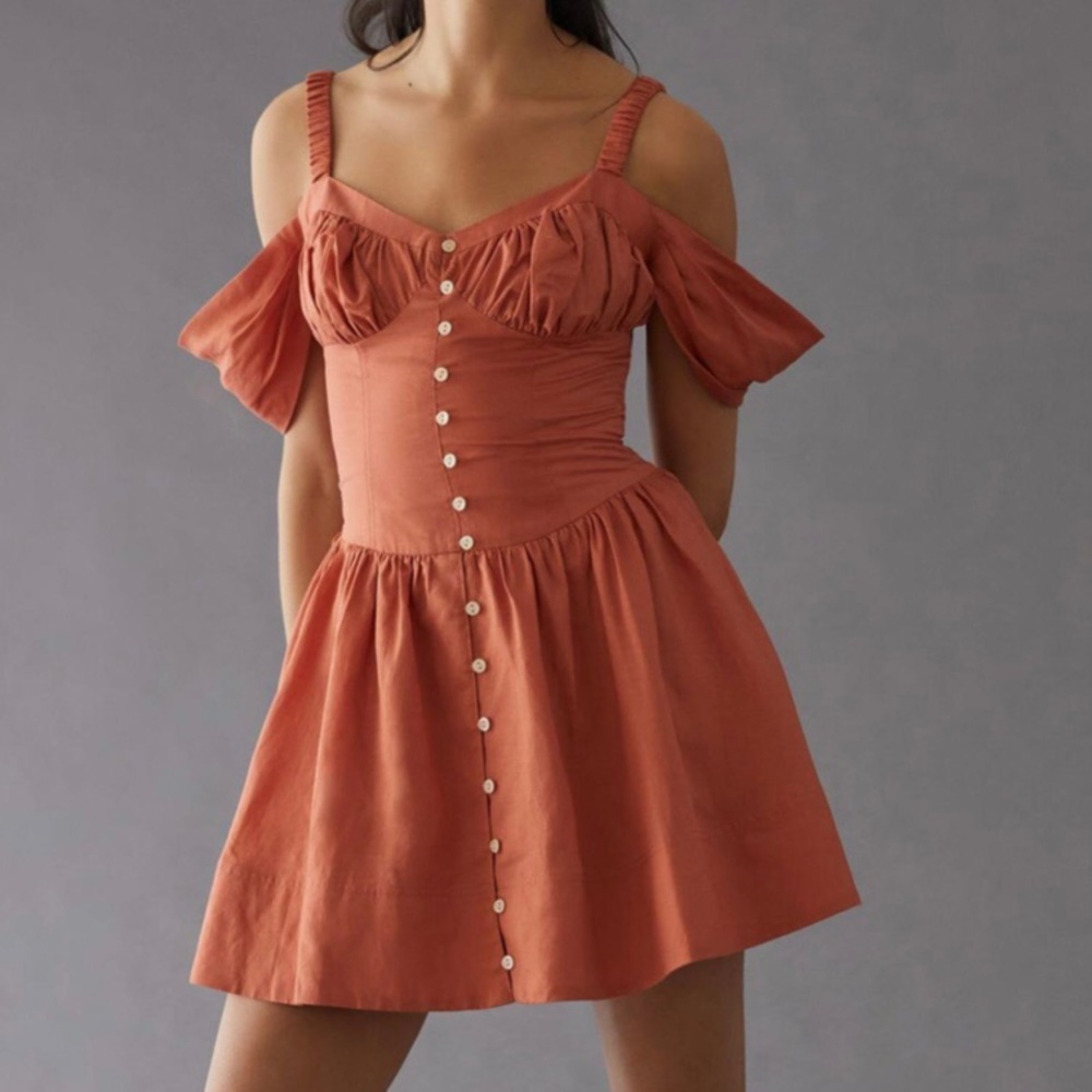 Anthropologie Orange Off The Shoulder Strappy Smock Linen Mini Dress Large